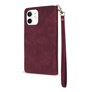 ZZXX iPhone 12 Case Wallet,iPhone 12 Pro Wallet Case with Card Slot Premium Soft PU Leather Zipper Flip Folio Wallet with Wrist Strap Kickstand Protective for iPhone 12 Wallet Case(Wine Red 6.1 inch)