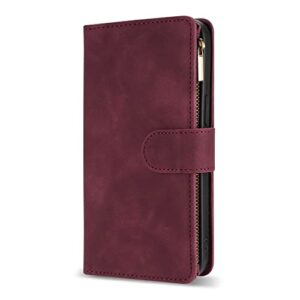 ZZXX iPhone 12 Case Wallet,iPhone 12 Pro Wallet Case with Card Slot Premium Soft PU Leather Zipper Flip Folio Wallet with Wrist Strap Kickstand Protective for iPhone 12 Wallet Case(Wine Red 6.1 inch)