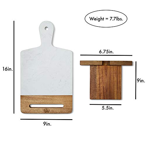 TENDER COTTAGE Marble Acacia Wood Cutting Board - CookBook Holder Adapter - Charcuterie Board - White Marble Cheese Board - Great gift for Christmas, Mothers Day, Wedding, Housewarming - Two Toned