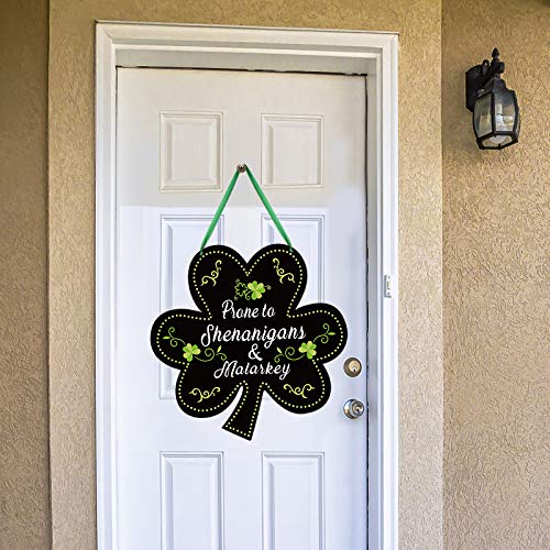 St. Patrick's Day Shamrock Sign 12 x 12 Inch Hanging Shamrock Welcome Sign Prone to Shenanigans and Malarkey Sign Irish Clover Door Sign Holiday Porch Sign Decor for St. Patrick's Day Party Favor