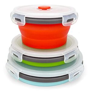 CARTINTS Round Collapsible Bowls with Lids, Reusable Silicone Food Storage Containers, 3Pack 500-800-1200ML, Stackable Space Saving, Microwave and Freezer Safe, Meal Prep Container