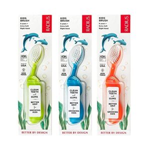 radius kidz toothbrush children's right hand bpa free ada accepted designed to clean teeth & gums for children 6 years & up - green blue orange - pack of 3
