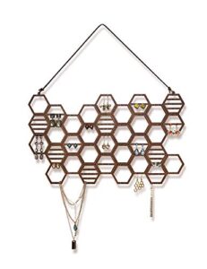 heesch hanging earring holder honeycomb earring organizer wall mount earring display wood hanging jewelry organizer for stud earrings, necklaces (walnut)