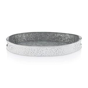 galvanized white washed farmhouse serving tray for ottoman, coffee table, centerpiece decor – distressed round iron metal tray with handles & vintage floral pattern