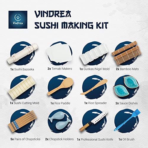 VinDrea Sushi Making Kit For Beginners - Bazooka Roller Kits - Bamboo Rolling Tools - Easy DIY Sushi Maker Set - A Fun Way To Make Your Own Sushi At Home - Enjoy Homemade Sushi With Kids - Gift Sets