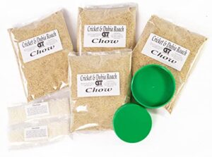 cricket and dubia roach chow (4 lbs.) - kit includes 4 pounds of feed, 1 oz. water gel crystals, and two lids for feed and water bowls. premium chow to raise your feeder crickets and dubia roaches