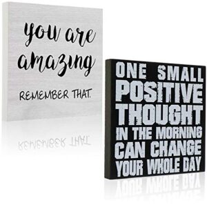 2 pieces wooden inspirational box signs you are amazing desk home decor signs rustic positive wood plaque, one small positive thought in the morning can change your whole day sign, 5.25 inch