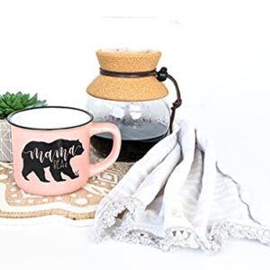 June & Lucy Gifts for Mom - Mama Bear Novelty Coffee Mug 15 oz - Cute Camping Coffee Mom Mugs for Women - Pink Coffee Mug - Hand lettered with Black Lettering - Microwave and Dishwasher Safe.