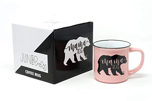 June & Lucy Gifts for Mom - Mama Bear Novelty Coffee Mug 15 oz - Cute Camping Coffee Mom Mugs for Women - Pink Coffee Mug - Hand lettered with Black Lettering - Microwave and Dishwasher Safe.