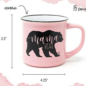 June & Lucy Gifts for Mom - Mama Bear Novelty Coffee Mug 15 oz - Cute Camping Coffee Mom Mugs for Women - Pink Coffee Mug - Hand lettered with Black Lettering - Microwave and Dishwasher Safe.