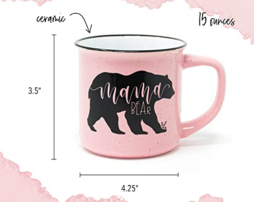 June & Lucy Gifts for Mom - Mama Bear Novelty Coffee Mug 15 oz - Cute Camping Coffee Mom Mugs for Women - Pink Coffee Mug - Hand lettered with Black Lettering - Microwave and Dishwasher Safe.