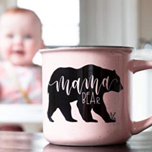 June & Lucy Gifts for Mom - Mama Bear Novelty Coffee Mug 15 oz - Cute Camping Coffee Mom Mugs for Women - Pink Coffee Mug - Hand lettered with Black Lettering - Microwave and Dishwasher Safe.