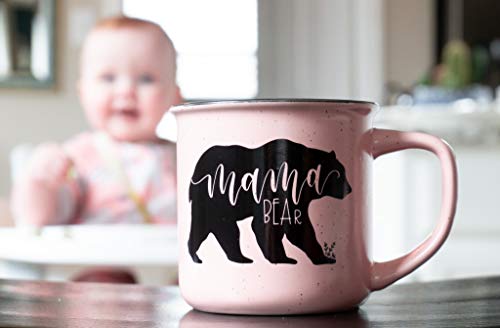 June & Lucy Gifts for Mom - Mama Bear Novelty Coffee Mug 15 oz - Cute Camping Coffee Mom Mugs for Women - Pink Coffee Mug - Hand lettered with Black Lettering - Microwave and Dishwasher Safe.