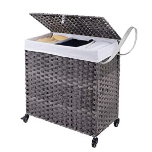 crehomfy laundry hamper with wheel and removable liner bag, 130l synthetic rattan wicker handwoven laundry basket with lid and handle, 3 section divided dirty clothes hamper for laundry bedroom gray