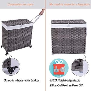 Crehomfy Laundry Hamper with Wheel and Removable Liner Bag, 130L Synthetic Rattan Wicker Handwoven Laundry Basket with Lid and Handle, 3 Section Divided Dirty Clothes Hamper for Laundry Bedroom Gray
