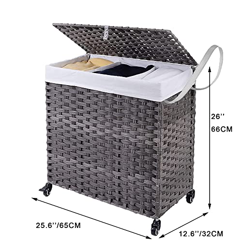 Crehomfy Laundry Hamper with Wheel and Removable Liner Bag, 130L Synthetic Rattan Wicker Handwoven Laundry Basket with Lid and Handle, 3 Section Divided Dirty Clothes Hamper for Laundry Bedroom Gray