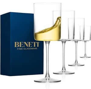 beneti large square wine glass set of 4-14 oz european-made hand blown glass white wine goblets w/laser-cut rim, dishwasher-safe crystal clear red wine glass gift set