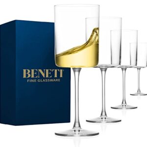 BENETI Large Square Wine Glass Set of 4-14 oz European-Made Hand Blown Glass White Wine Goblets w/Laser-Cut Rim, Dishwasher-Safe Crystal Clear Red Wine Glass Gift Set