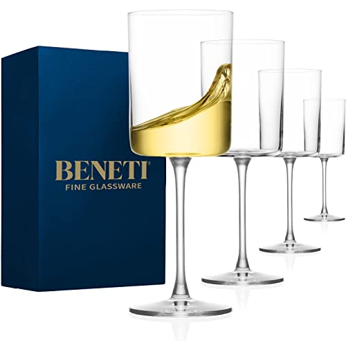 BENETI Large Square Wine Glass Set of 4-14 oz European-Made Hand Blown Glass White Wine Goblets w/Laser-Cut Rim, Dishwasher-Safe Crystal Clear Red Wine Glass Gift Set