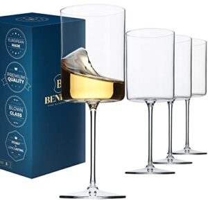 BENETI Large Square Wine Glass Set of 4-14 oz European-Made Hand Blown Glass White Wine Goblets w/Laser-Cut Rim, Dishwasher-Safe Crystal Clear Red Wine Glass Gift Set