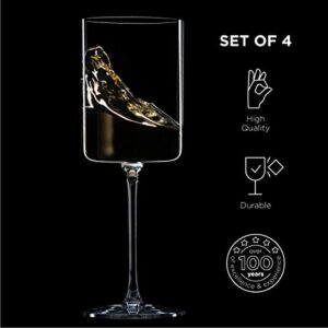 BENETI Large Square Wine Glass Set of 4-14 oz European-Made Hand Blown Glass White Wine Goblets w/Laser-Cut Rim, Dishwasher-Safe Crystal Clear Red Wine Glass Gift Set