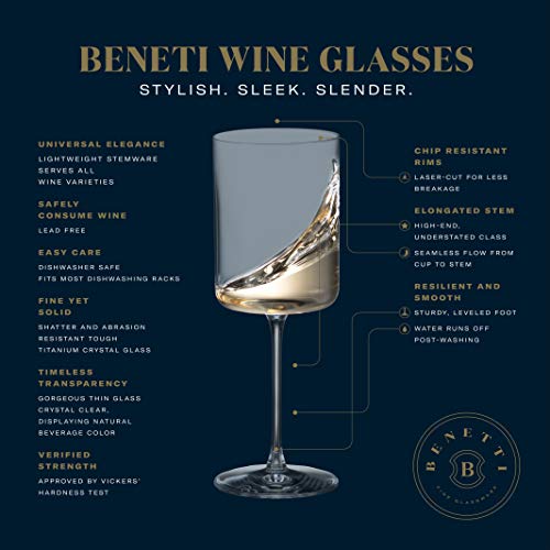 BENETI Large Square Wine Glass Set of 4-14 oz European-Made Hand Blown Glass White Wine Goblets w/Laser-Cut Rim, Dishwasher-Safe Crystal Clear Red Wine Glass Gift Set
