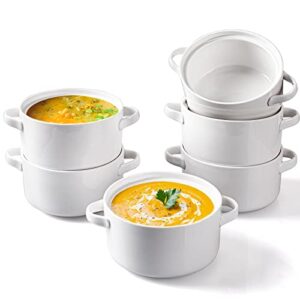 delling 6 pack ceramic soup bowls with handles, 24 oz large serving soup bowl set, ceramic soup crocks for french onion soup, cereal, chilli, stew, microwave and oven safe, white