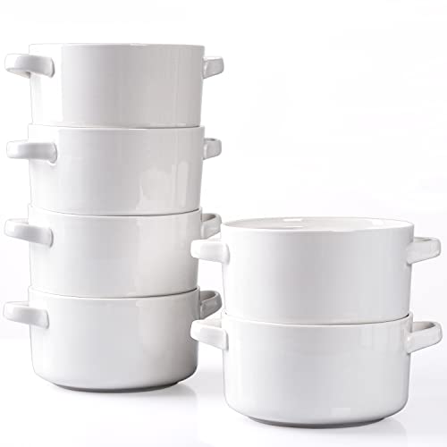 Delling 6 Pack Ceramic Soup Bowls with Handles, 24 Oz Large Serving Soup Bowl Set, Ceramic Soup Crocks for French Onion Soup, Cereal, Chilli, Stew, Microwave and Oven Safe, White