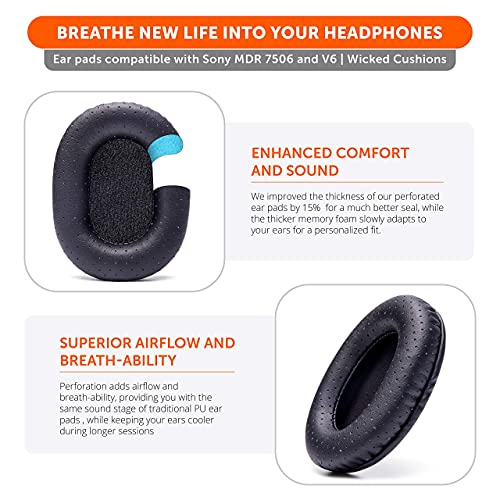 Comfort Pack | WC Wicked Cushions Replacement Ear Pads for Sony MDR 7506 | Soft Leather, Luxury Memory Foam, Unmatched Durability | Compatible with MDR 7506 / MDR V6 / MDR CD900ST (Black & Perforated)