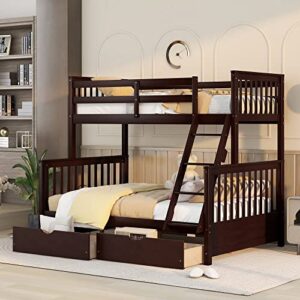 p purlove twin over full bunk bed with 2 storage drawers, wood bunk bed frame with ladders, no box spring needed, espresso