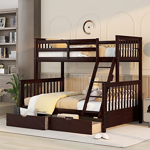 P PURLOVE Twin Over Full Bunk Bed with 2 Storage Drawers, Wood Bunk Bed Frame with Ladders, No Box Spring Needed, Espresso