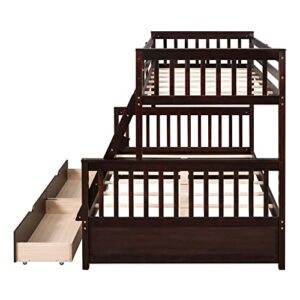 P PURLOVE Twin Over Full Bunk Bed with 2 Storage Drawers, Wood Bunk Bed Frame with Ladders, No Box Spring Needed, Espresso