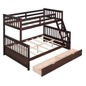 P PURLOVE Twin Over Full Bunk Bed with 2 Storage Drawers, Wood Bunk Bed Frame with Ladders, No Box Spring Needed, Espresso