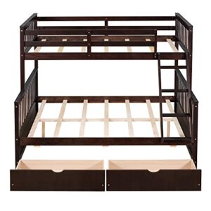 P PURLOVE Twin Over Full Bunk Bed with 2 Storage Drawers, Wood Bunk Bed Frame with Ladders, No Box Spring Needed, Espresso