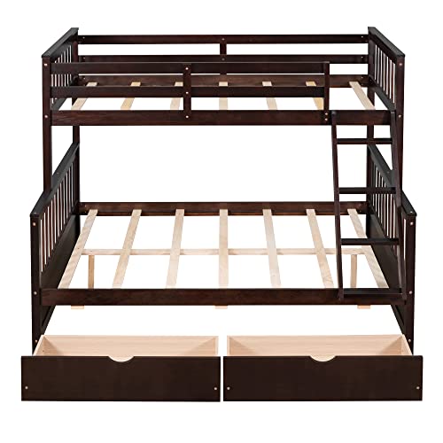 P PURLOVE Twin Over Full Bunk Bed with 2 Storage Drawers, Wood Bunk Bed Frame with Ladders, No Box Spring Needed, Espresso