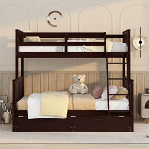 P PURLOVE Twin Over Full Bunk Bed with 2 Storage Drawers, Wood Bunk Bed Frame with Ladders, No Box Spring Needed, Espresso