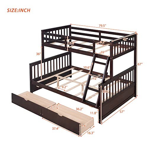 P PURLOVE Twin Over Full Bunk Bed with 2 Storage Drawers, Wood Bunk Bed Frame with Ladders, No Box Spring Needed, Espresso