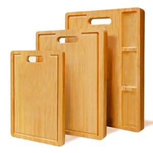 hhxrise original bamboo cutting board(3 piece set) with handle for kitchen, with built-in compartments and juice grooves, heavy duty chopping board serving tray, butcher block, carving board…