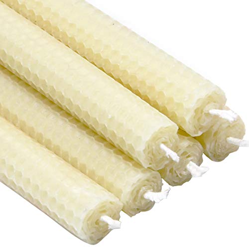 6 Count Beeswax Taper Candles Hand Rolled - Smokeless Dripless -Natural Scent - 8 Inch in White