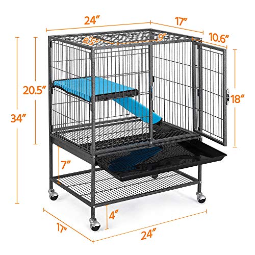 Topeakmart Rolling Metal Small Animal Cage for Adult Rats Ferrets Chinchillas Guinea Pigs Single Unit Critter Nation Cage w/Removable Ramp & Platform Black