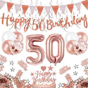 movinpe 50th rose gold birthday decorations, 50th happy birthday banner pennant flags 6pcs hanging swirl, number 50 foil balloons 8pcs latex balloons cake toppers table confetti for women