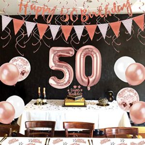 MOVINPE 50th Rose Gold Birthday Decorations, 50th Happy Birthday Banner Pennant Flags 6pcs Hanging Swirl, Number 50 Foil Balloons 8pcs Latex Balloons Cake Toppers Table Confetti for Women