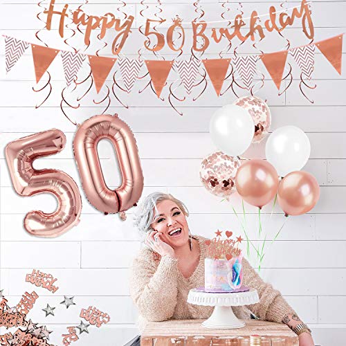 MOVINPE 50th Rose Gold Birthday Decorations, 50th Happy Birthday Banner Pennant Flags 6pcs Hanging Swirl, Number 50 Foil Balloons 8pcs Latex Balloons Cake Toppers Table Confetti for Women