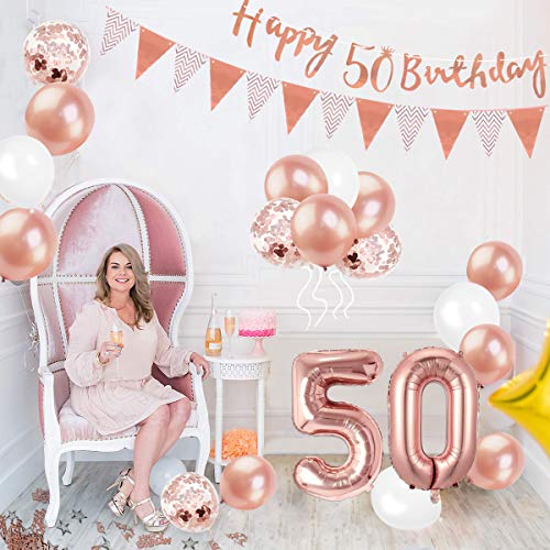 MOVINPE 50th Rose Gold Birthday Decorations, 50th Happy Birthday Banner Pennant Flags 6pcs Hanging Swirl, Number 50 Foil Balloons 8pcs Latex Balloons Cake Toppers Table Confetti for Women