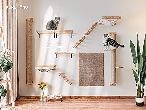 FUKUMARU Cat Activity Tree with Scratching Posts, Wall Mounted Jute Scratcher Pine Hammock (Cat Activity Tree-Updated)