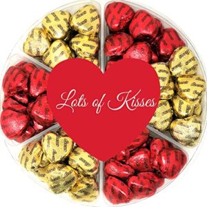 valentine's day chocolate candy gift basket, reese's peanut butter hearts in gold and red, in a 6 sectional gift tray, peanut butter hearts with red and gold foils, heart adorned 6 sectional tray for wife, husband, couples, friends, men and women