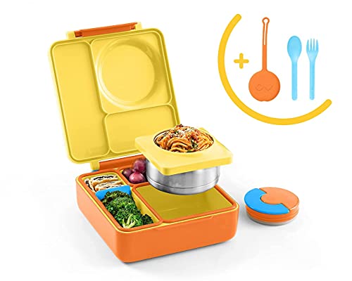 OmieBox Bento Box for Kids Insulated Bento Lunch Box with Leak Proof Thermos Food Jar, 3 Compartments + Yellow Blue Utensil Set with Case