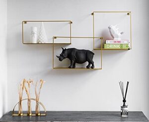 kimisty set 3 metal intersecting wall shelves, decorative floating shelves, shadow box style deep black metal shelving, 14, 12 and 11 inch (set 3 gold)