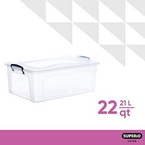 Superio 22 Qt Clear Plastic Storage Bins with Lids and Latches, Organizing Containers, Stackable Plastic Tote for Household, Garage, School, and Office, 2 Pack