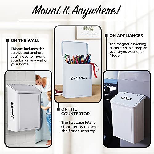 Magnetic Lint Bin for Laundry Room in White – Metal Laundry Room Decor and Accessories Washer Dryer Sheet Container or Detergent Dispenser with Laundry Labels for Space Saving Laundry Organization